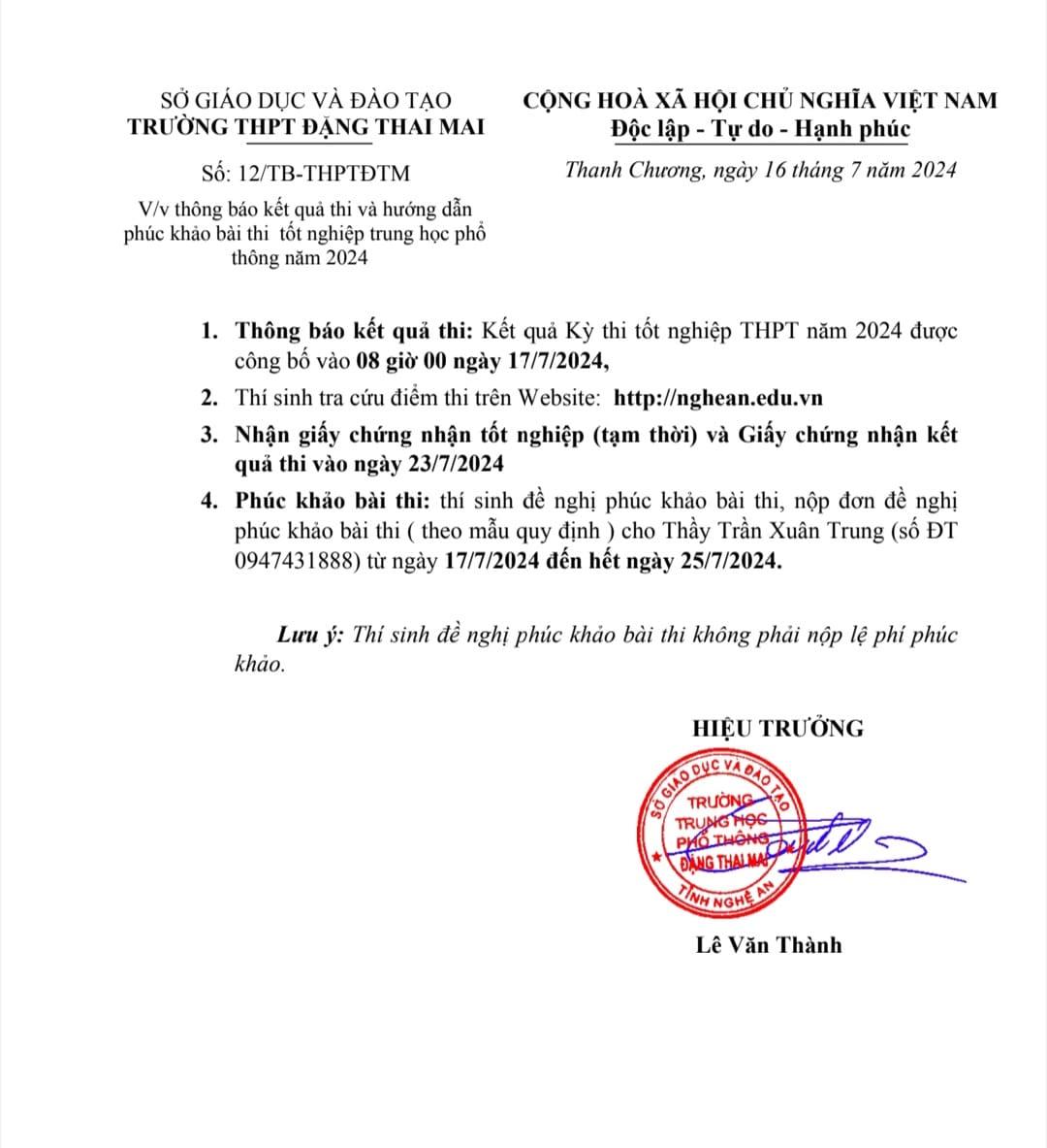 Thông báo kết quả thi và phúc khảo bài thi tốt nghiệp thpt 2024.